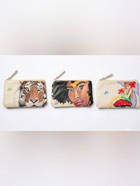 NWT Hand-Painted Beige Canvas Cosmetic Pouch